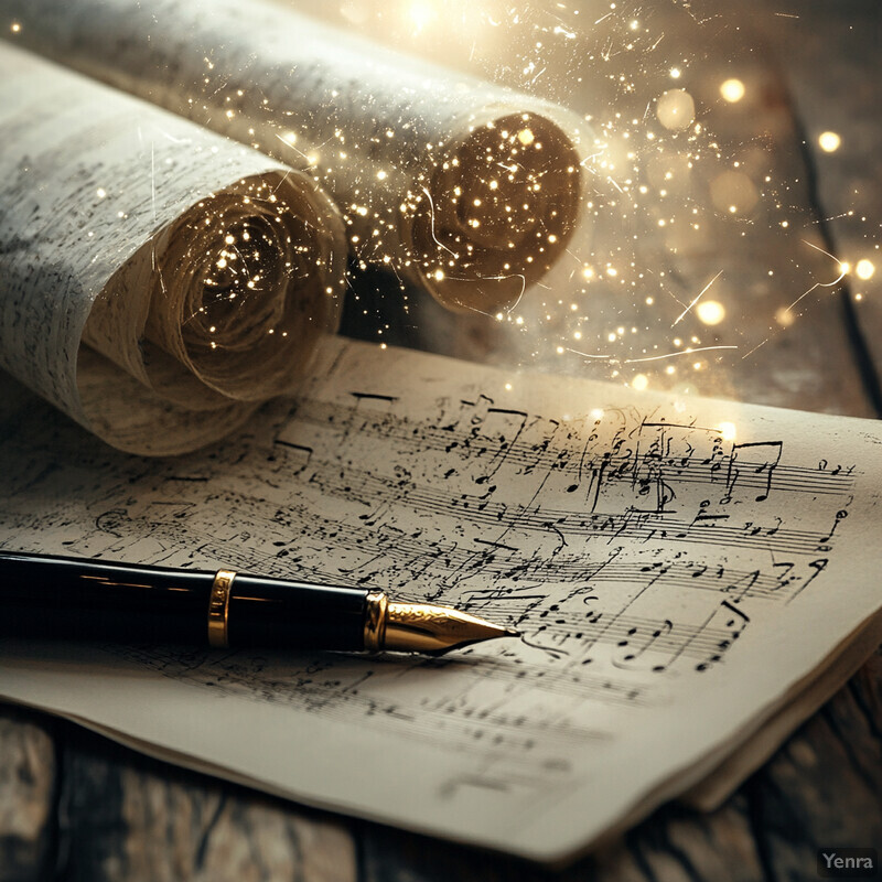 An open book filled with sheet music and a fountain pen on a wooden table.