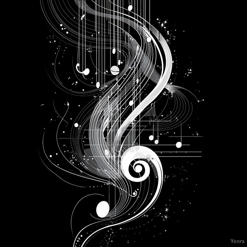 An abstract representation of music with swirling lines and shapes on a black background