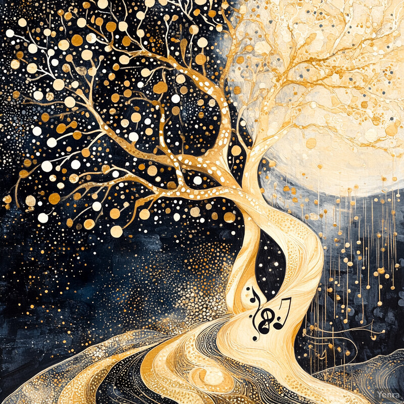 An abstract painting featuring a stylized tree with branches and leaves made up of gold dots on a black background.