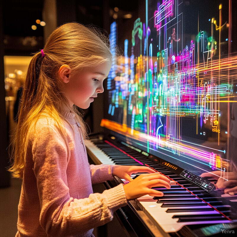 A young girl plays an electronic keyboard in front of a large screen displaying colorful graphics and musical notes.