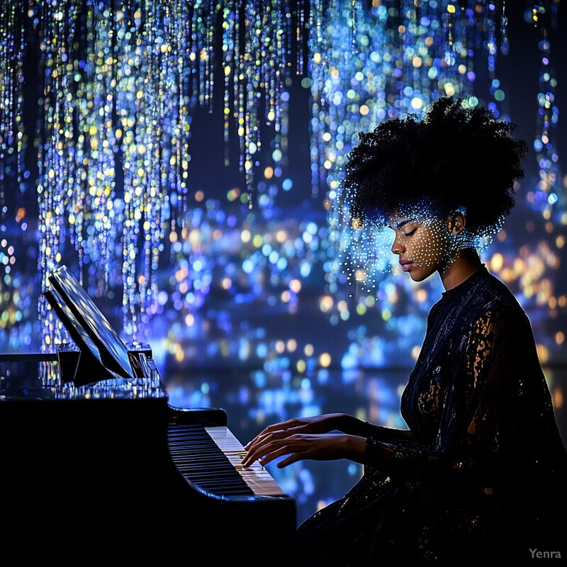 A woman plays piano in front of a blue light backdrop.