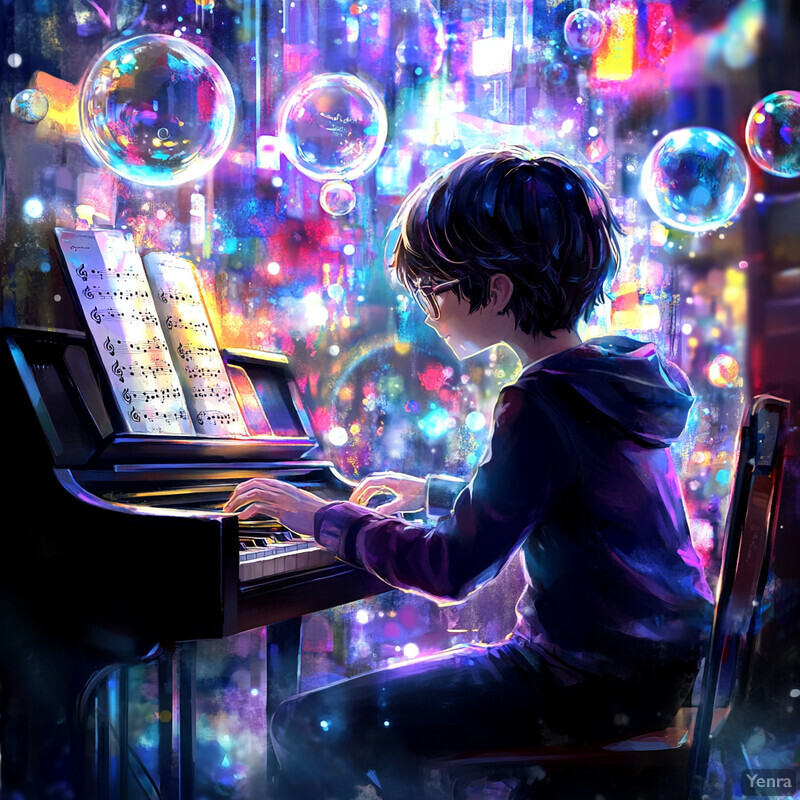 A young boy sitting at a piano surrounded by bubbles floating in the air.