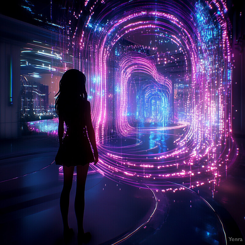 A woman stands in front of a large screen displaying a vibrant, swirling pattern of purple and blue lights.