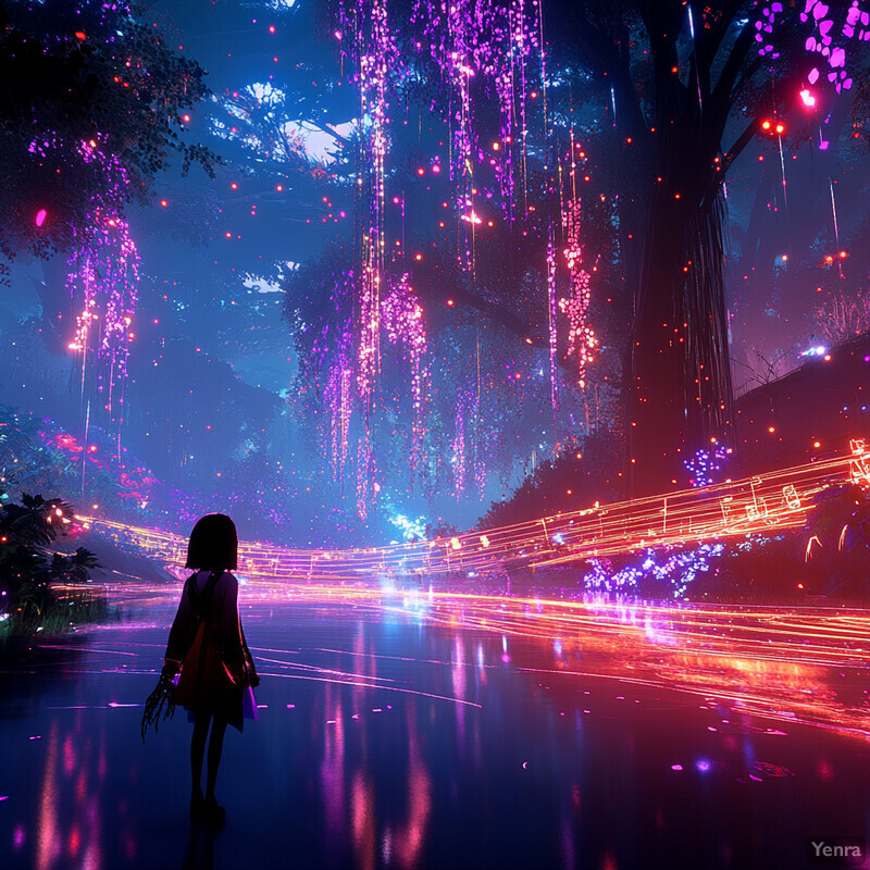 A young girl stands in front of a glowing forest, surrounded by tall trees and thick foliage.