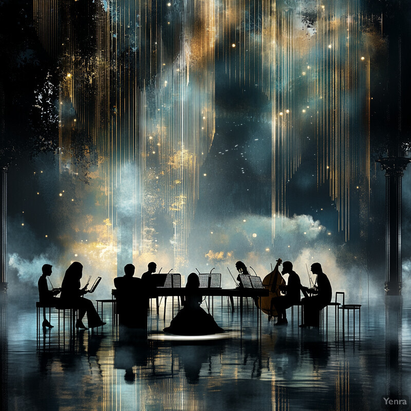 A group of musicians playing instruments in a dramatic setting.