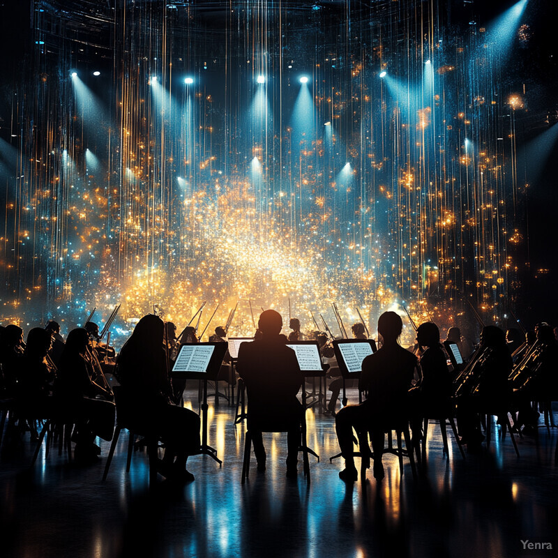 An orchestra performing on stage with dramatic lighting and a sophisticated atmosphere.