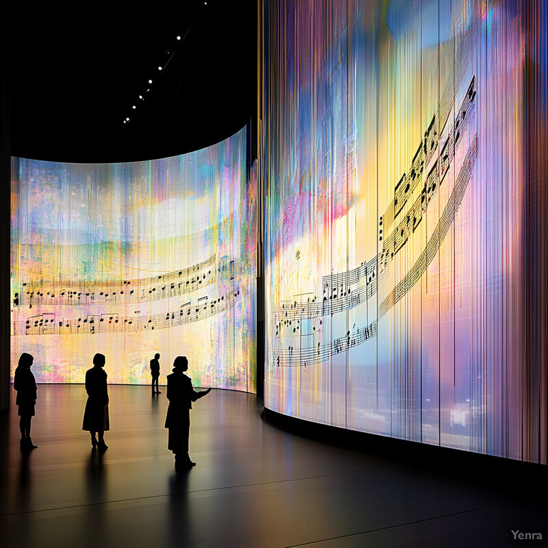 A large room with people standing in front of a wall covered in colorful music notes and staffs.