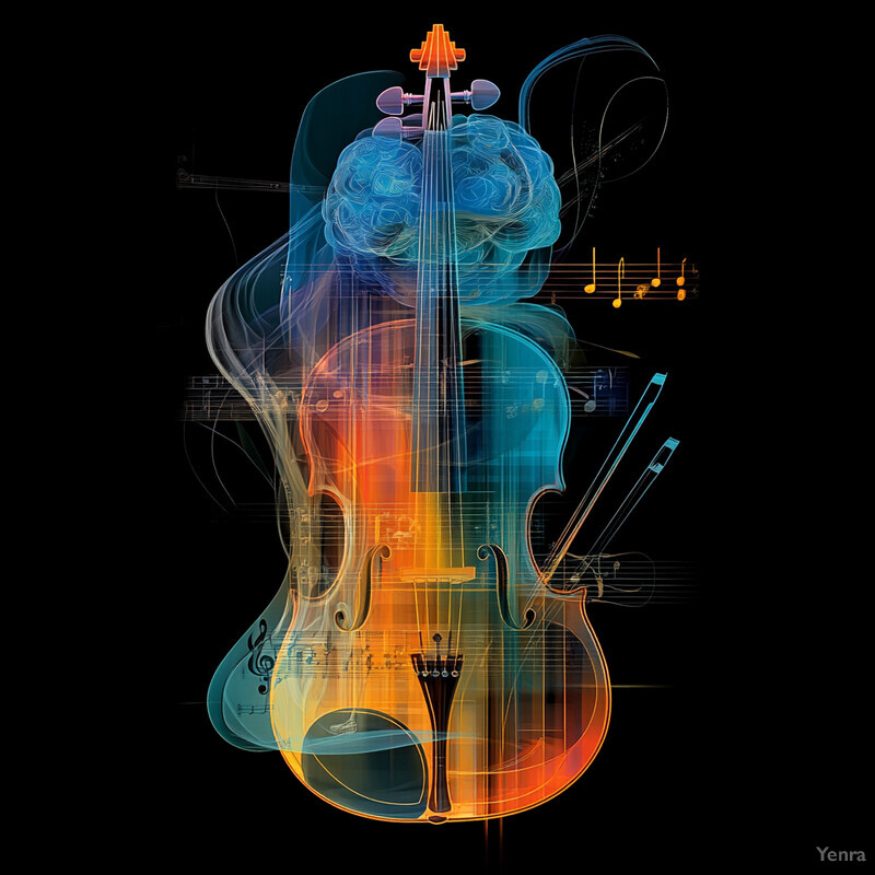 A stylized illustration of a violin and cello in vibrant colors against a dark brown background.