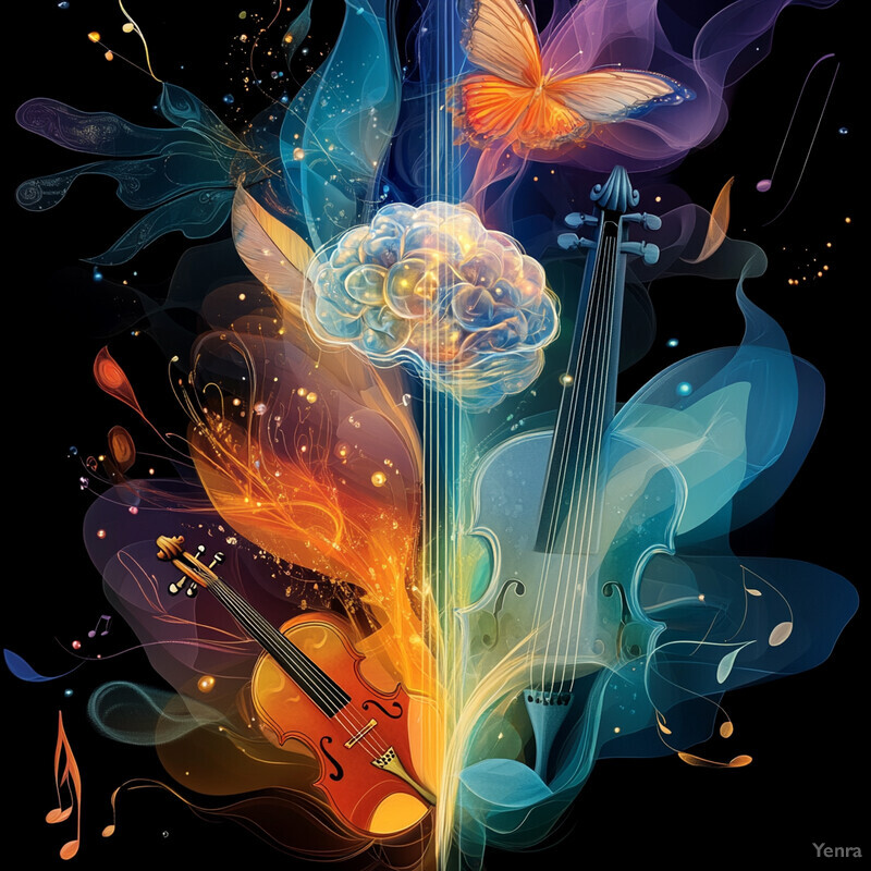 An artistic representation of music and creativity with a brain graphic, violin, and butterfly.