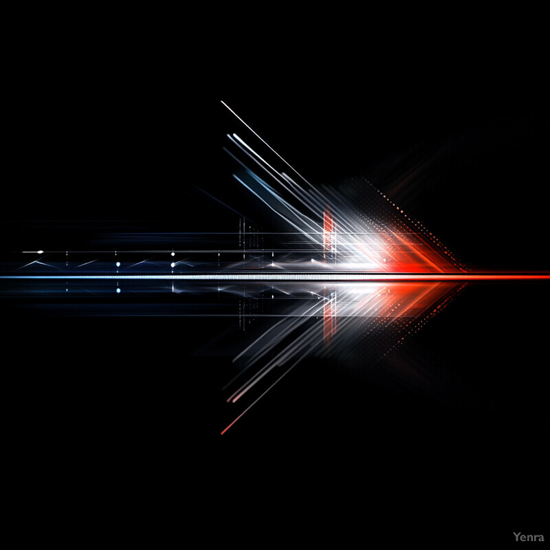 A complex system of lines and shapes with red, blue, and white colors against a dark background.