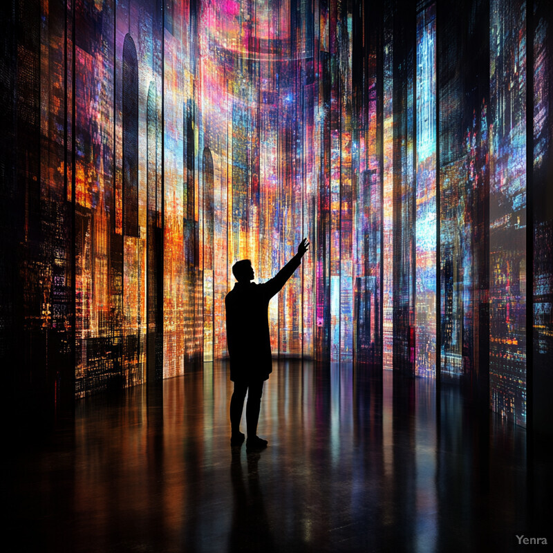 A man stands in front of an array of vertical screens displaying multicolored images at night.