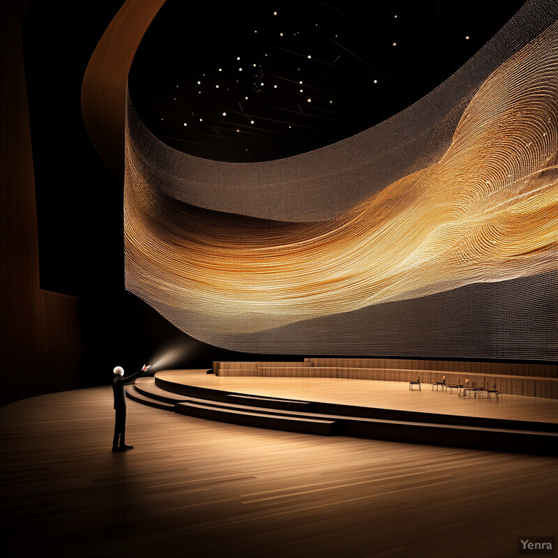 An empty theater with a large projection wall at the far end.