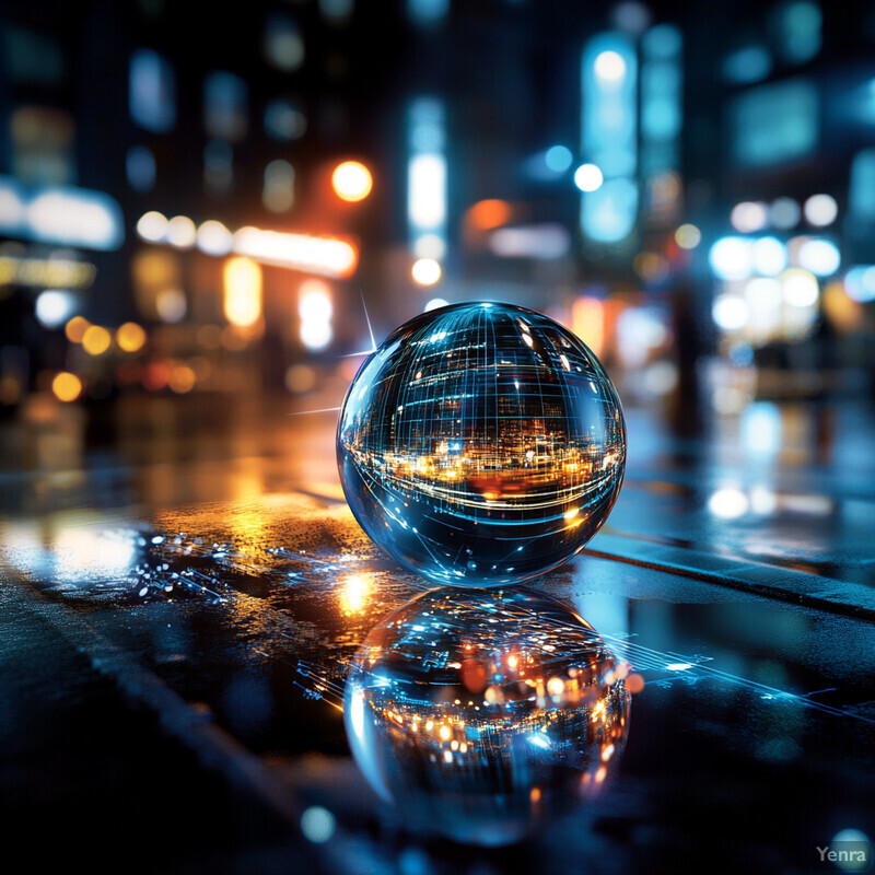 A futuristic cityscape at night with a glass sphere in the foreground.