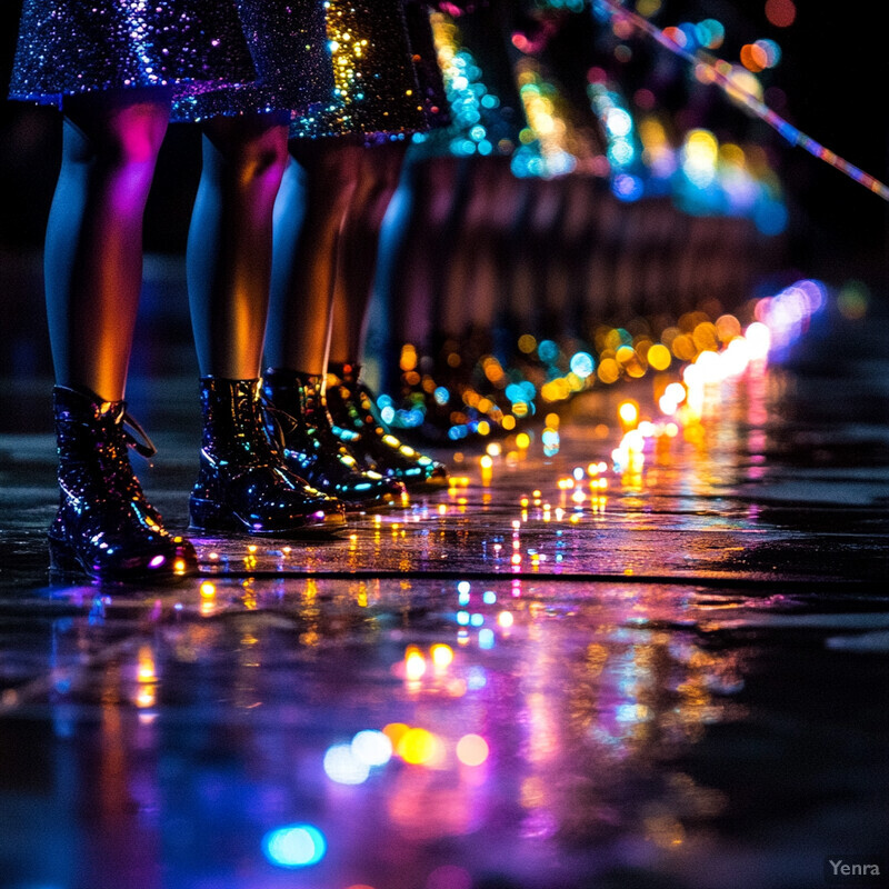 Four women stand side by side in a nightclub or bar setting, each wearing glittery skirts and shiny boots.