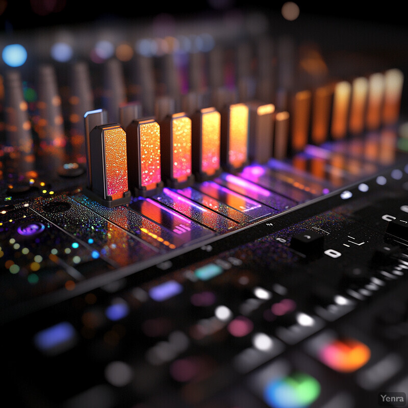 A mixing board with knobs and sliders in a recording studio or live performance venue.