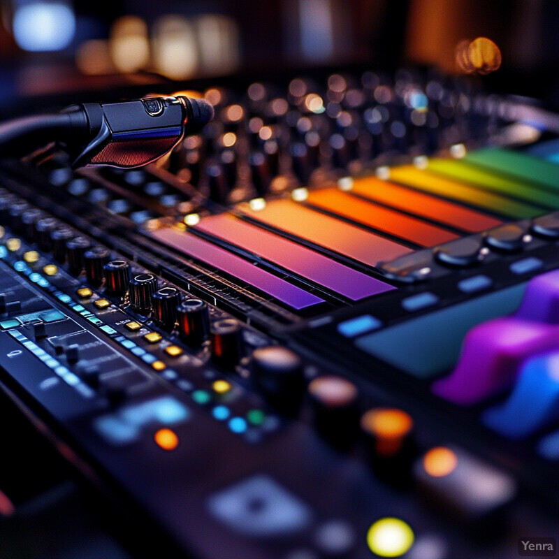 A close-up view of a DJ controller with various colored knobs and sliders, possibly connected to a sound system.