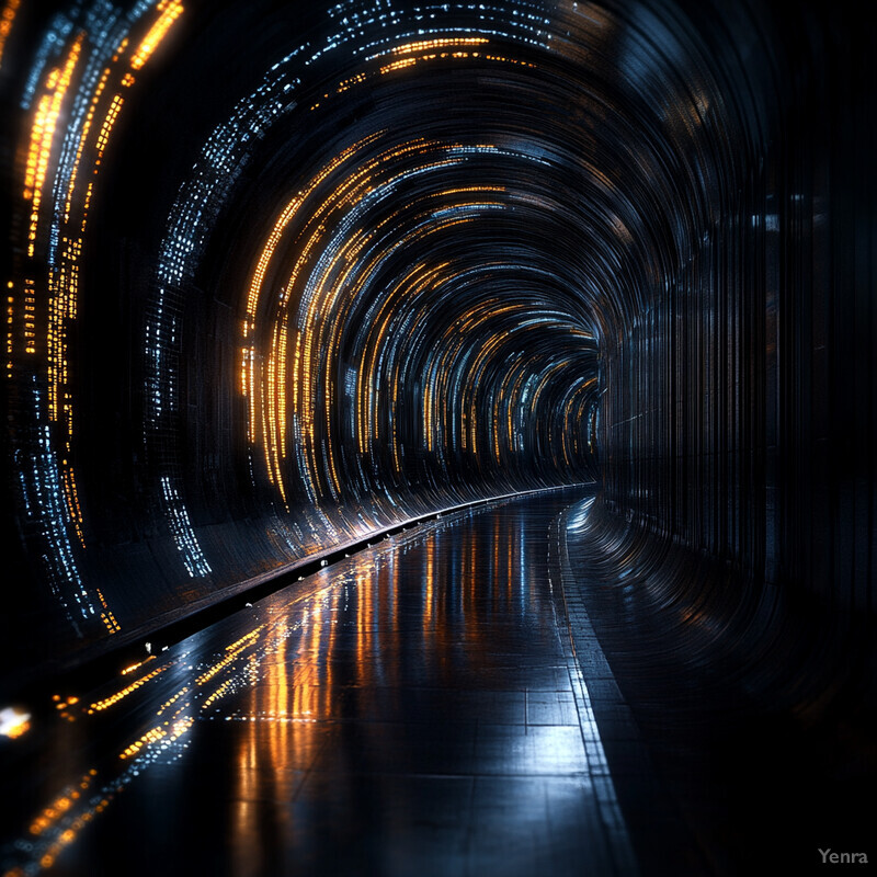 A long, dark tunnel with a curved ceiling and walls lined with small lights.