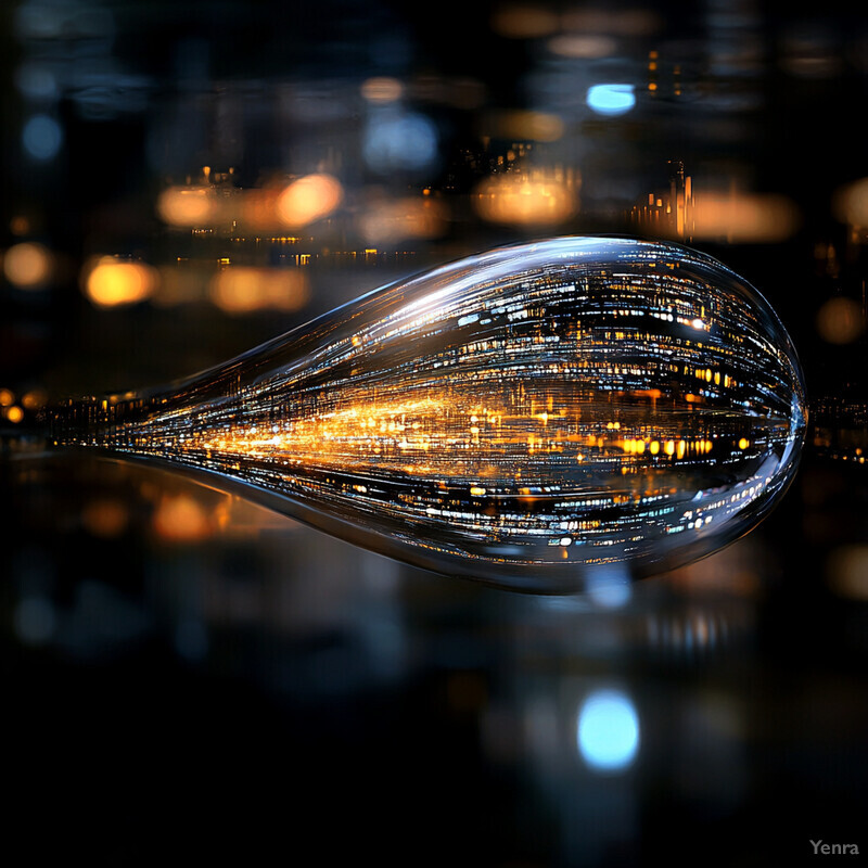 Abstract composition featuring a large, teardrop-shaped object with reflective properties and an elongated shape.