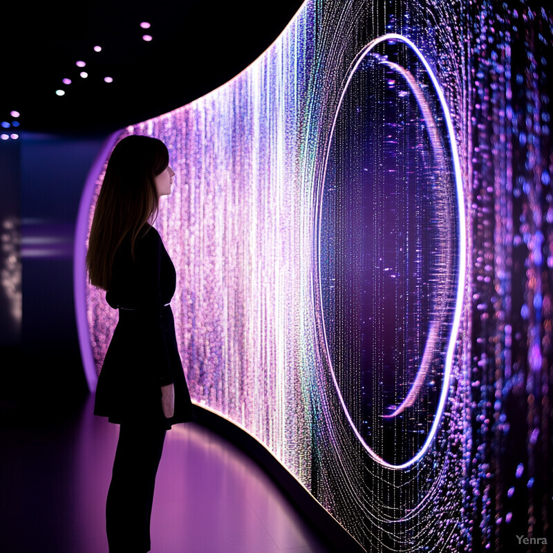 A woman stands in front of a large screen displaying a vibrant digital art piece, possibly at an exhibition or event.