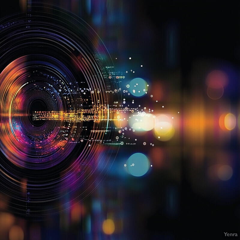 An abstract digital artwork featuring a circular shape on the left and blurred lights and shapes on the right.