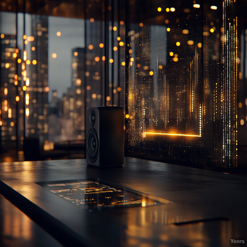 A modern living room with a sleek black table and white speakers, offering a stunning view of the city skyline at night.