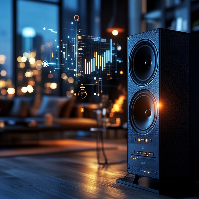 A cozy living room with a pair of speakers as the central focus.