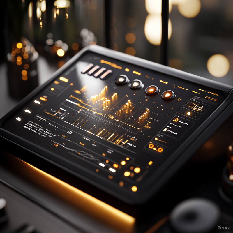 A futuristic-looking device with a black square screen displaying graphs and charts in gold and white.