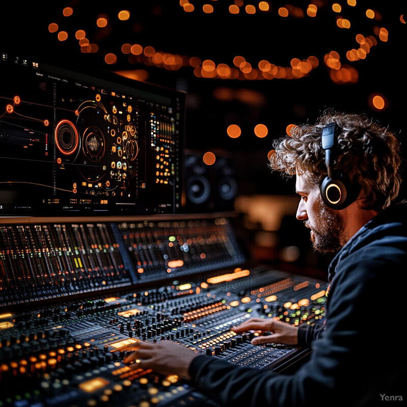 A man works on an audio mixing board in a professional recording studio or live sound venue.