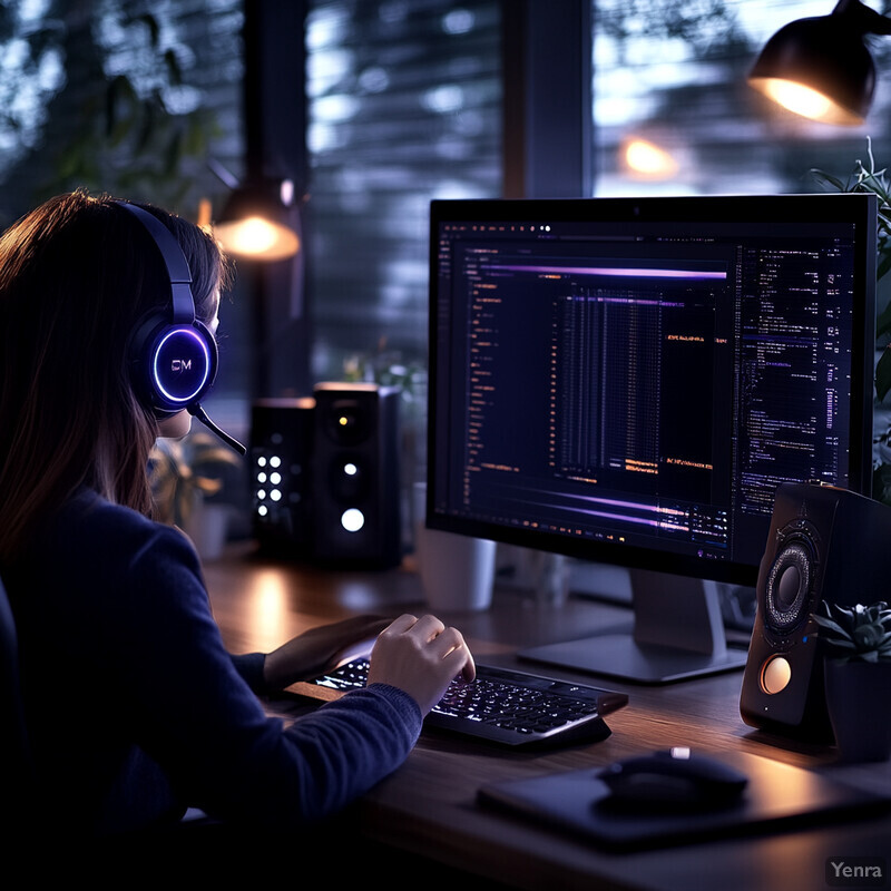 A woman sits at a desk, intently focused on her computer screen.