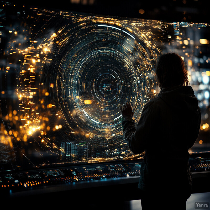 A person interacts with a futuristic interface on a large screen in an indoor setting.