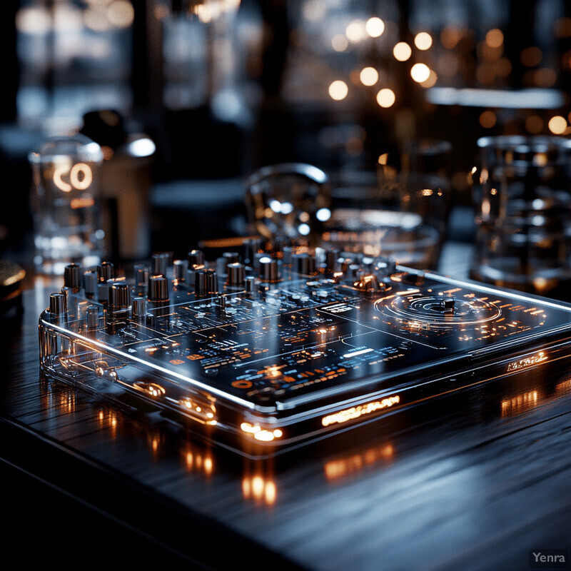 A DJ controller and other electronic devices in a dimly lit room.