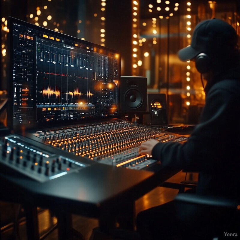 A person is working on audio equipment in a recording studio.