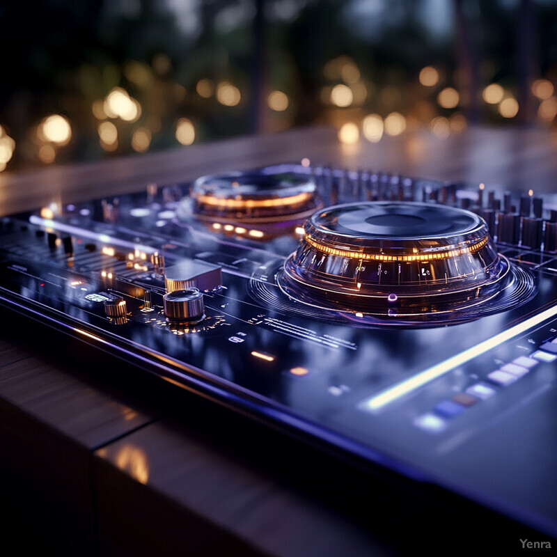 A DJ controller with blue lights on a wooden surface.