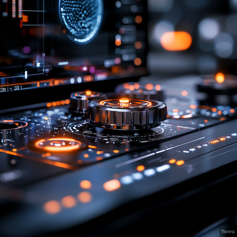 A modern DJ controller with a futuristic design takes center stage in this image.