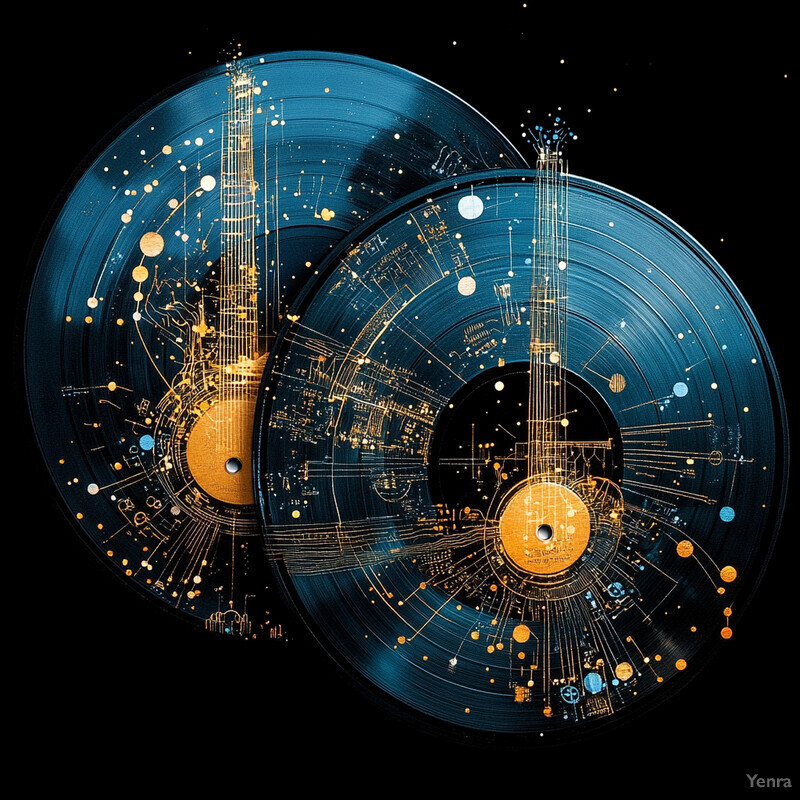 Two vinyl records with intricate circuit board designs on a blue background.