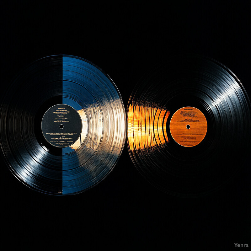 A visually striking arrangement of three vinyl records against a solid black background.