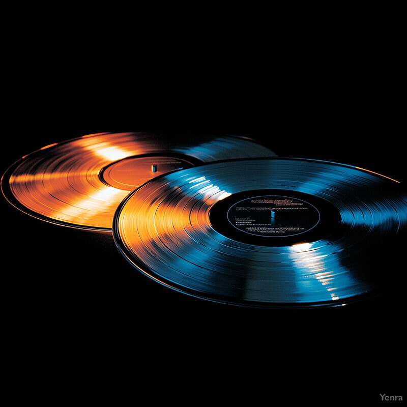 Two vinyl records with illuminated grooves are displayed in a dark room.