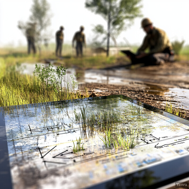 A group of people in an outdoor setting examining a map or diagram on a table.