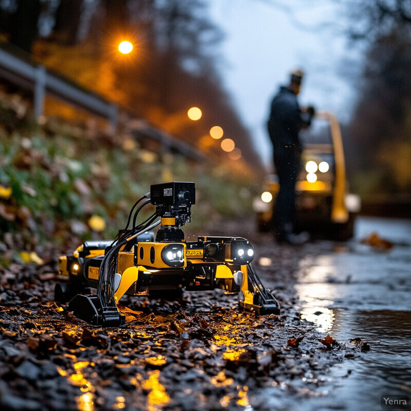 Two small robots on a wet road or sidewalk, possibly after rain.