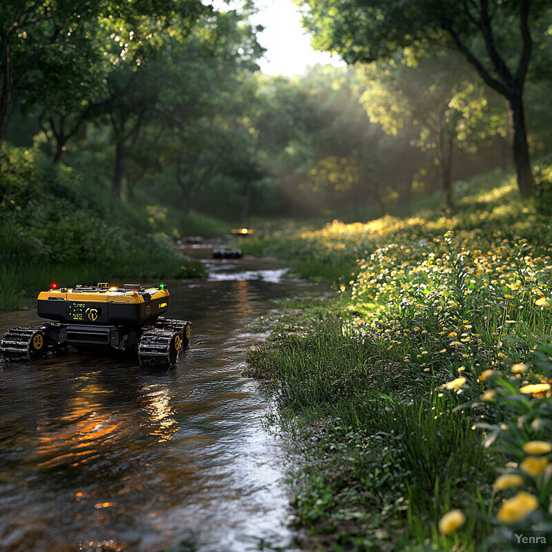 Two Automated Restoration Equipment units navigate through a forest stream.