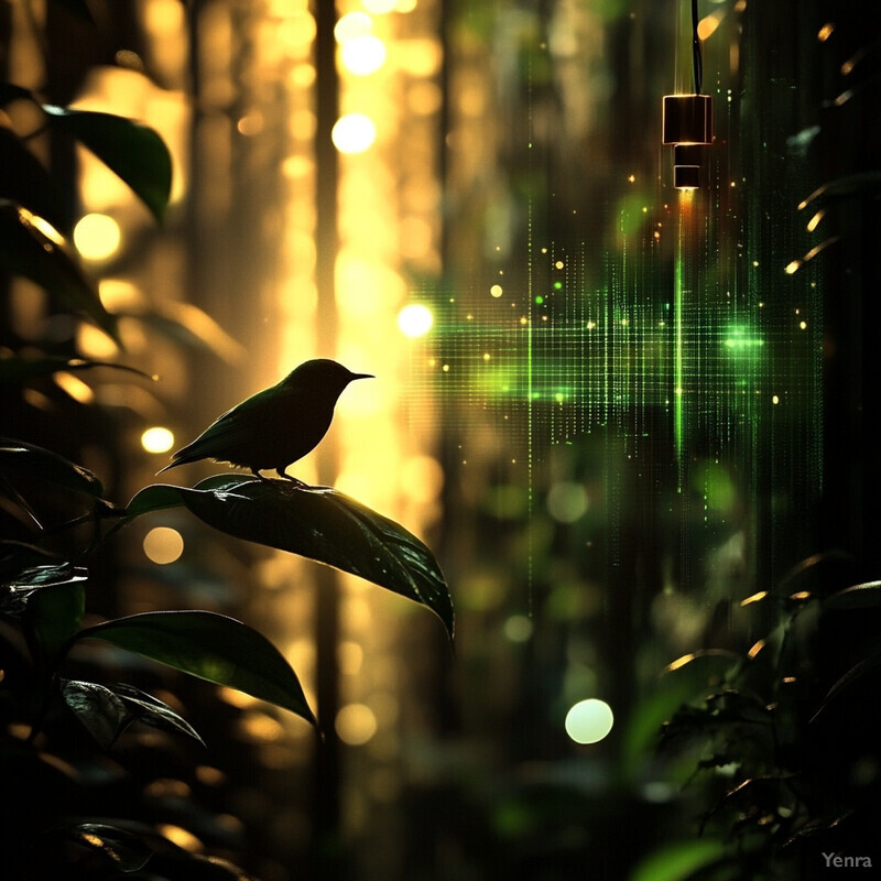 A bird perched on a leaf in a forest clearing, surrounded by lush foliage and towering trees.