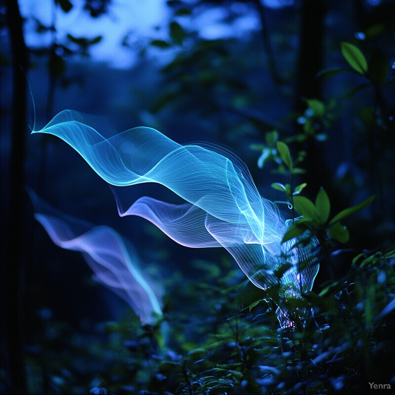 A peaceful forest scene at dusk with towering trees and lush greenery illuminated by soft light.