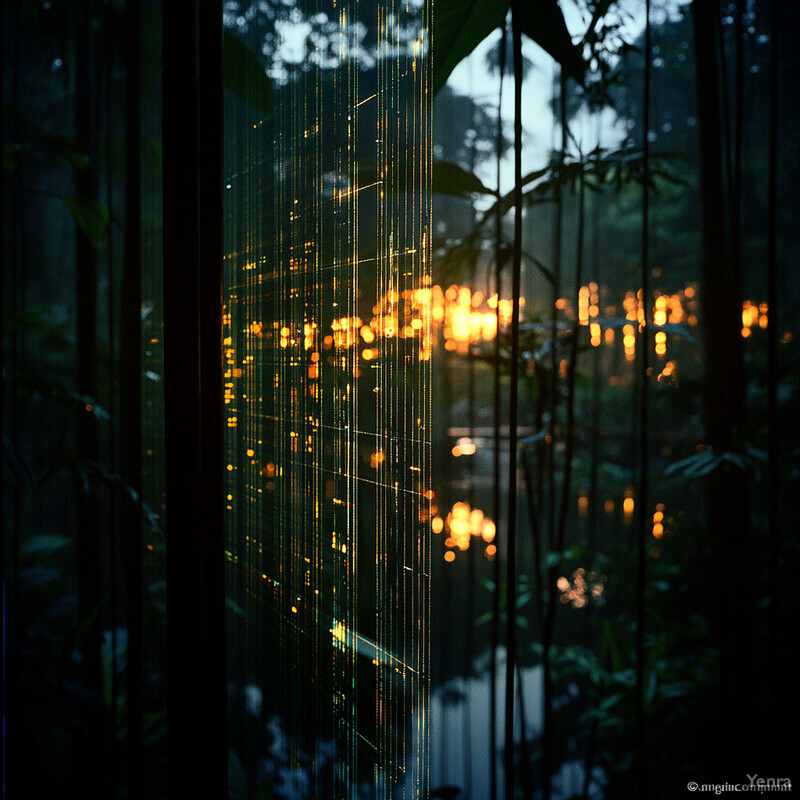 A peaceful forest scene with sunlight filtering through the trees and a gentle stream running through the center.