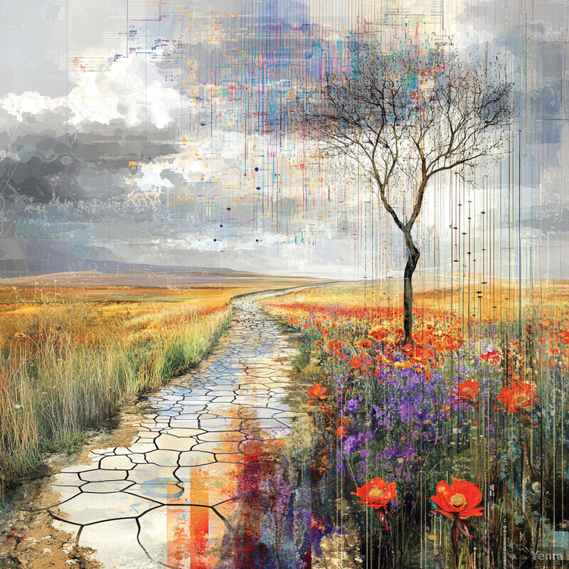 A serene landscape with a cracked path leading through a field of wildflowers under an overcast sky.