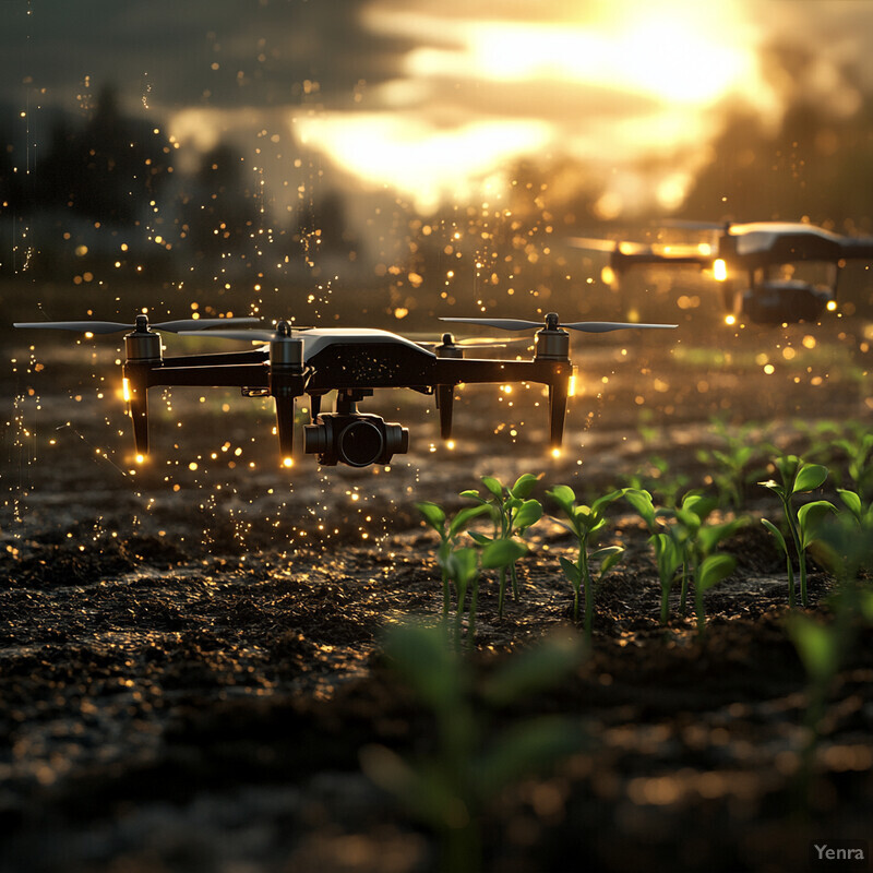 Two drones flying over a field of crops in the early morning or late evening.