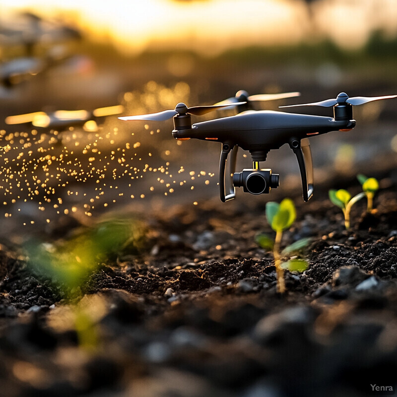 A black drone hovers above a field of dirt and sprouting plants, equipped with a camera for monitoring or capturing footage.