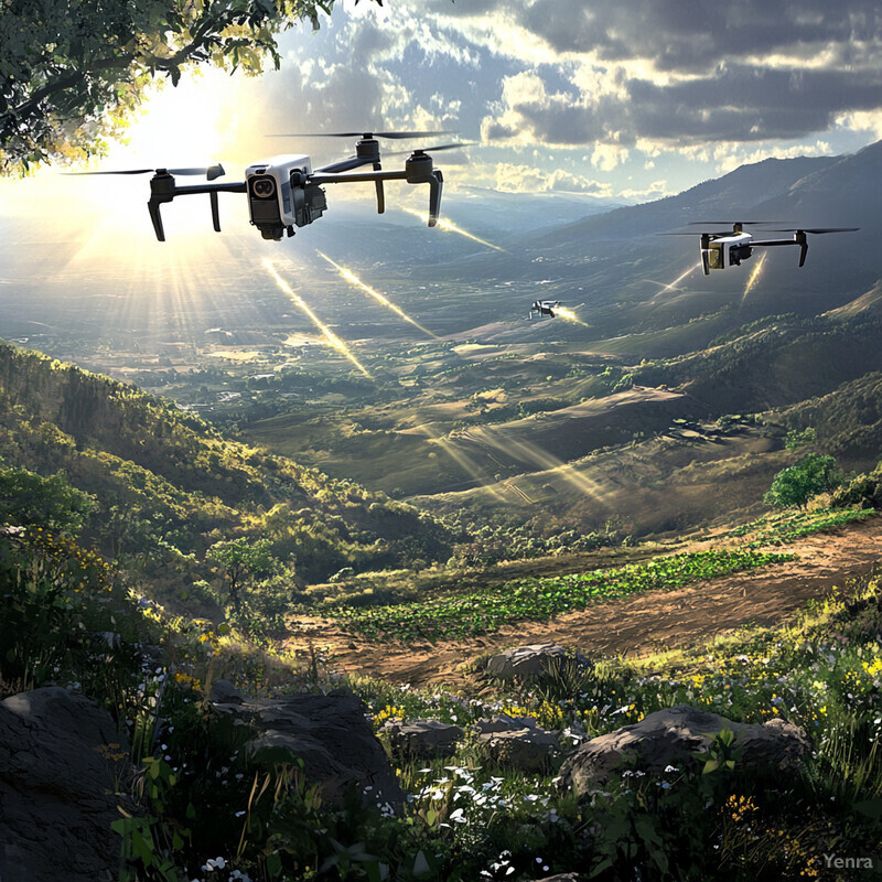 A serene landscape with three drones flying over it, surrounded by lush greenery and trees in a valley.