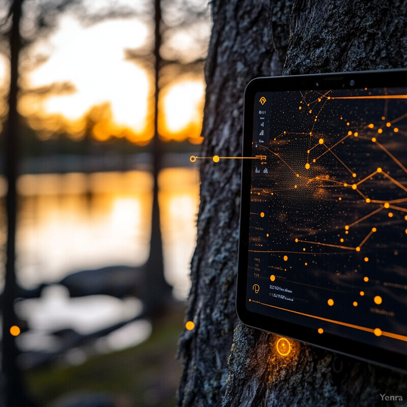 A tablet displaying an astronomy app is propped against a tree trunk in front of a serene lake at sunset.