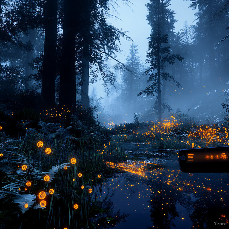 A peaceful forest scene with tall trees and a small pond at dusk or dawn.