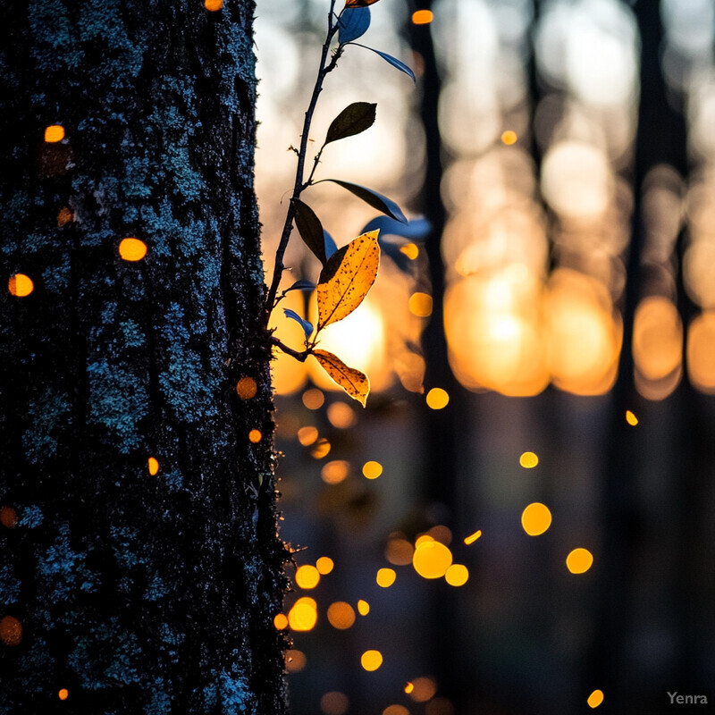 A serene and enchanting scene of fireflies gathered around a tree trunk at sunset or sunrise.